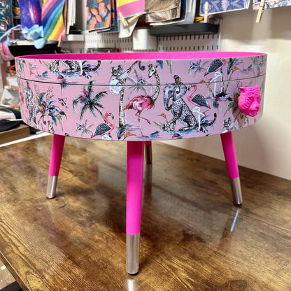 Round coffee table , light pink, hot pink and silver glitter,  flamingo and leopard design. Lift off top for storage. End table Lounge