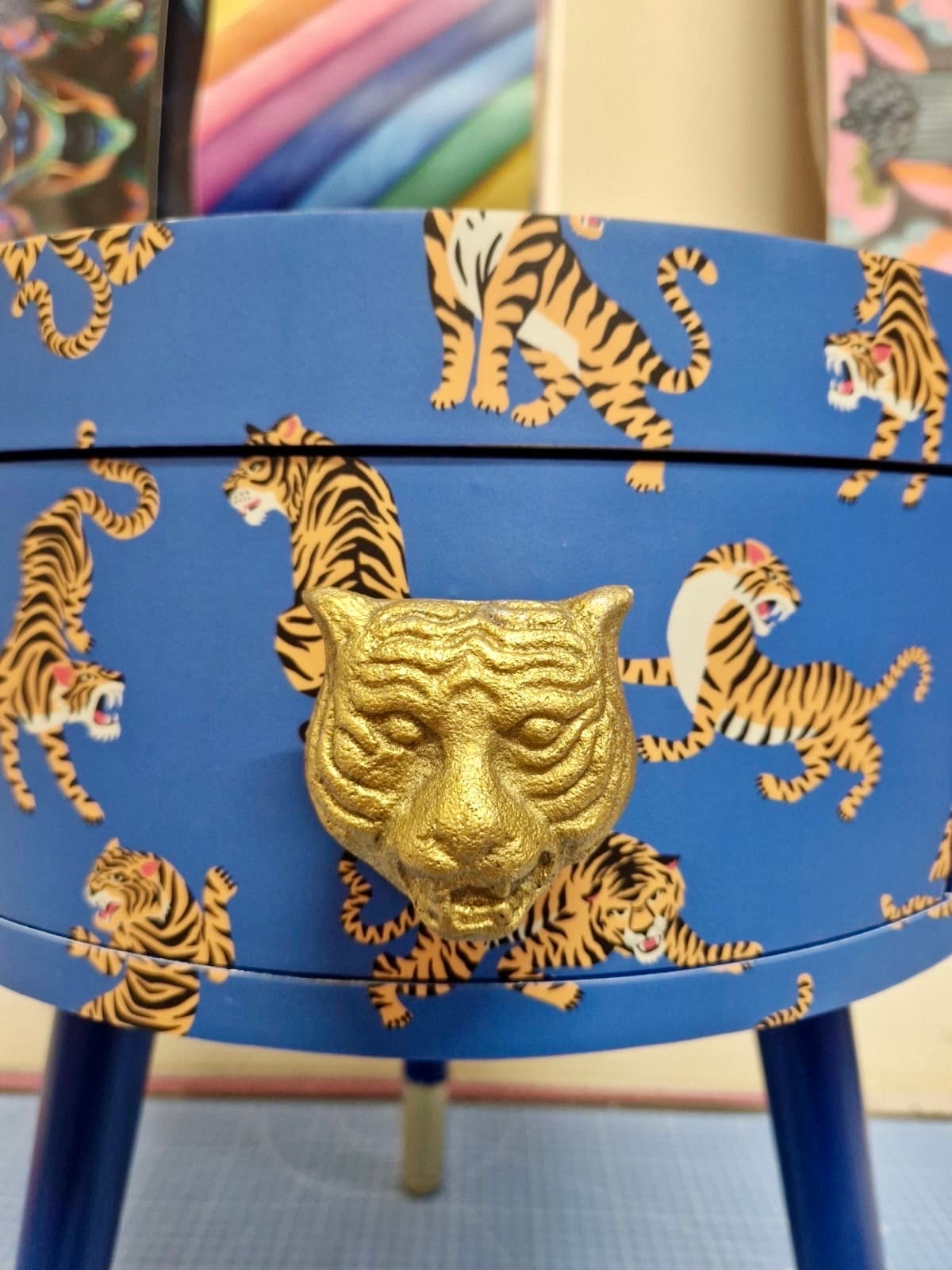 Tiger Table - Royal Blue table with royal blue and orange top table . Fun Bright Home Decor . Ideal for Nightstand or side table. Inbuilt drawer