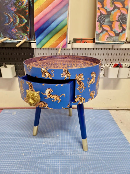 Tiger Table - Royal Blue table with royal blue and orange top table . Fun Bright Home Decor . Ideal for Nightstand or side table. Inbuilt drawer
