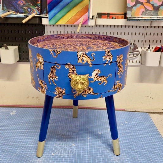 Tiger Table - Royal Blue table with royal blue and orange top table . Fun Bright Home Decor . Ideal for Nightstand or side table. Inbuilt drawer