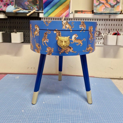 Tiger Table - Royal Blue table with royal blue and orange top table . Fun Bright Home Decor . Ideal for Nightstand or side table. Inbuilt drawer