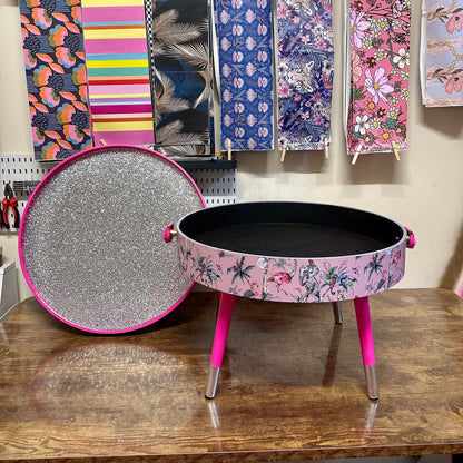 Round coffee table , light pink, hot pink and silver glitter,  flamingo and leopard design. Lift off top for storage. End table Lounge