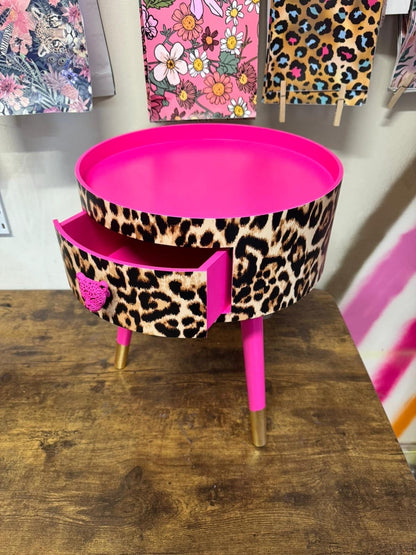 Leopard Standard - Hot Pink round bedside table . Fun Bright Home Decor . Ideal for Nightstand or side table. Cheetah Print gold design