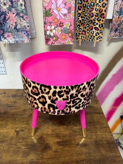 Leopard Standard - Hot Pink round bedside table . Fun Bright Home Decor . Ideal for Nightstand or side table. Cheetah Print gold design