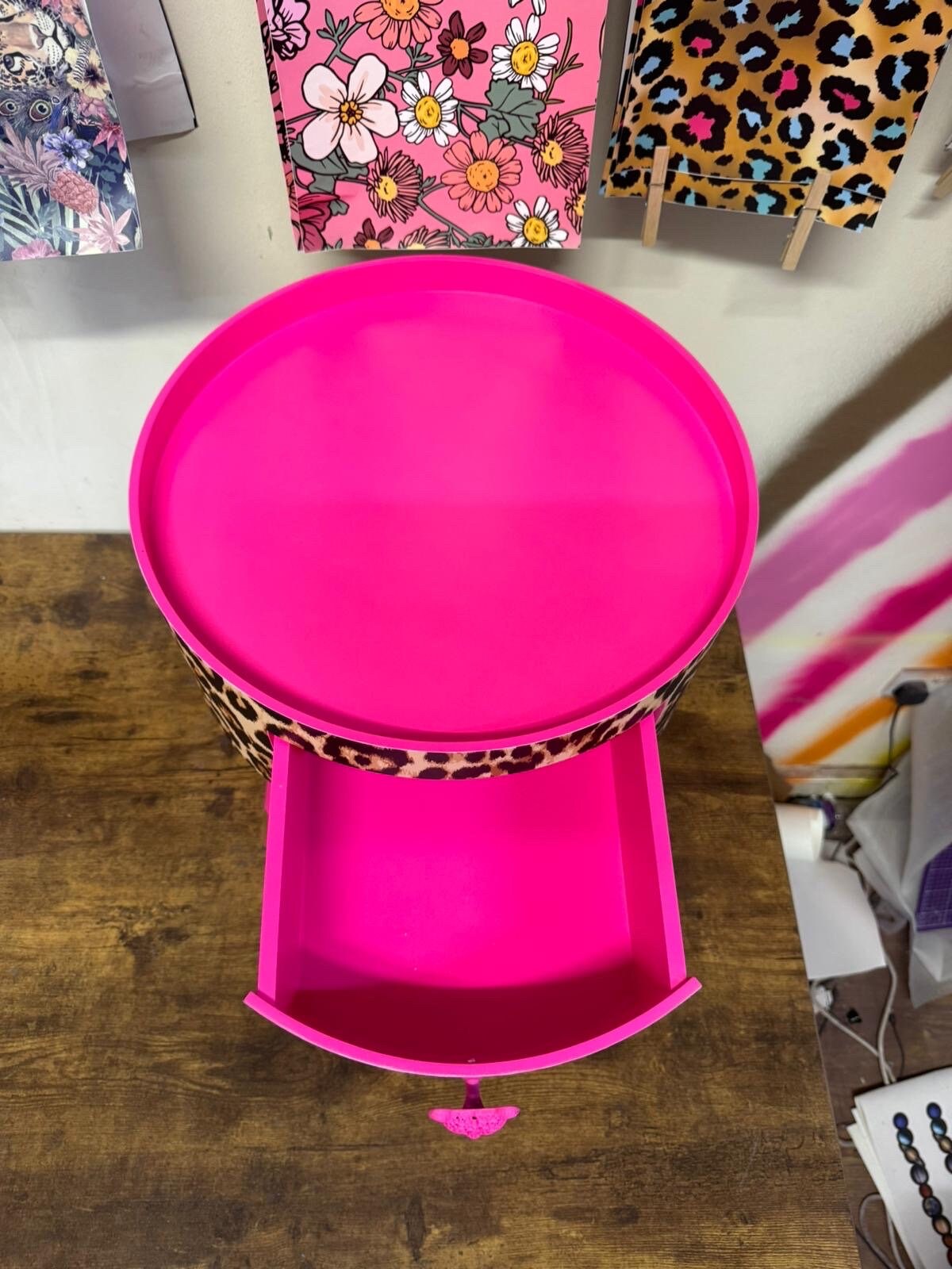 Leopard Standard - Hot Pink round bedside table . Fun Bright Home Decor . Ideal for Nightstand or side table. Cheetah Print gold design