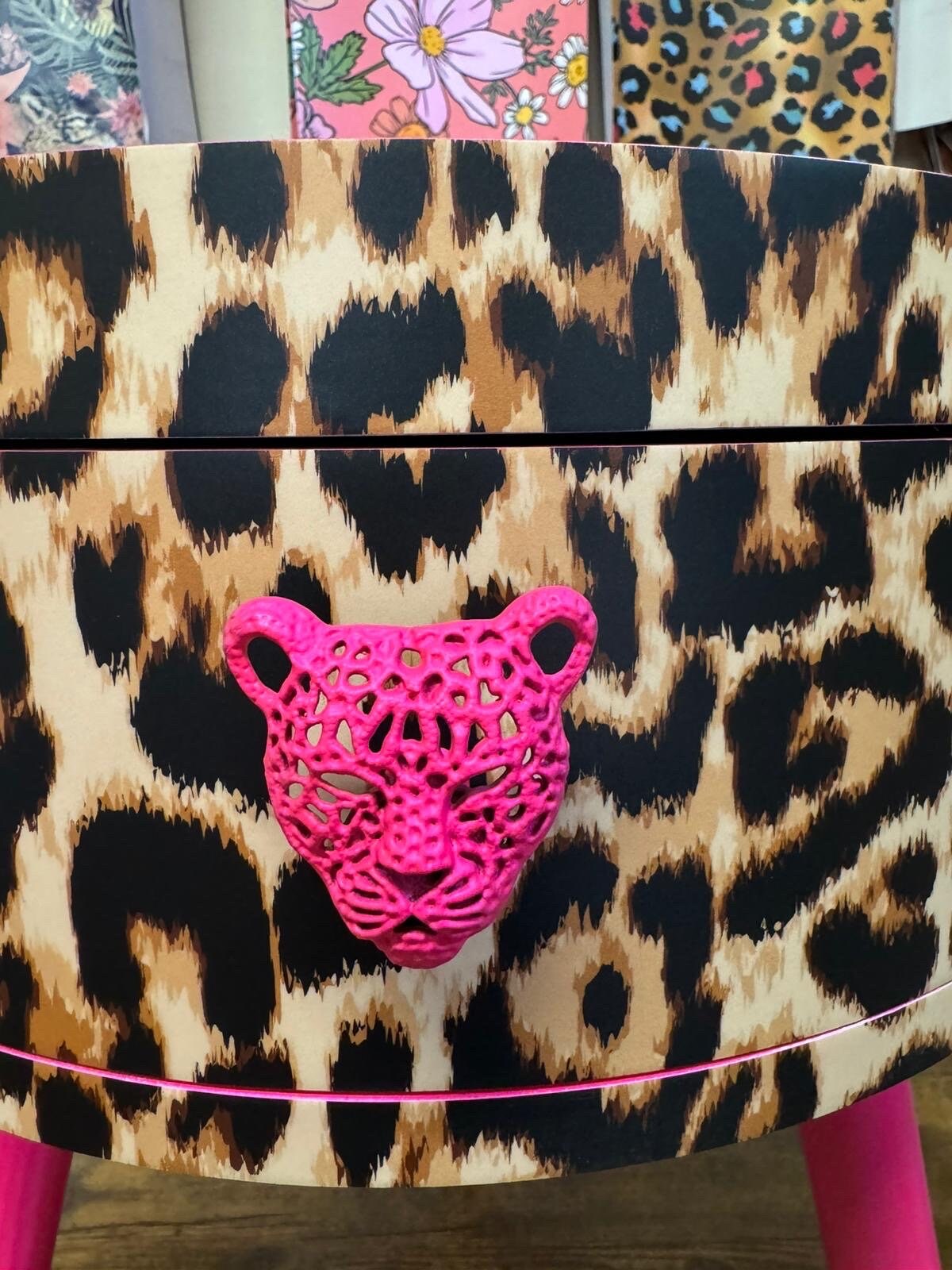Leopard Standard - Hot Pink round bedside table . Fun Bright Home Decor . Ideal for Nightstand or side table. Cheetah Print gold design