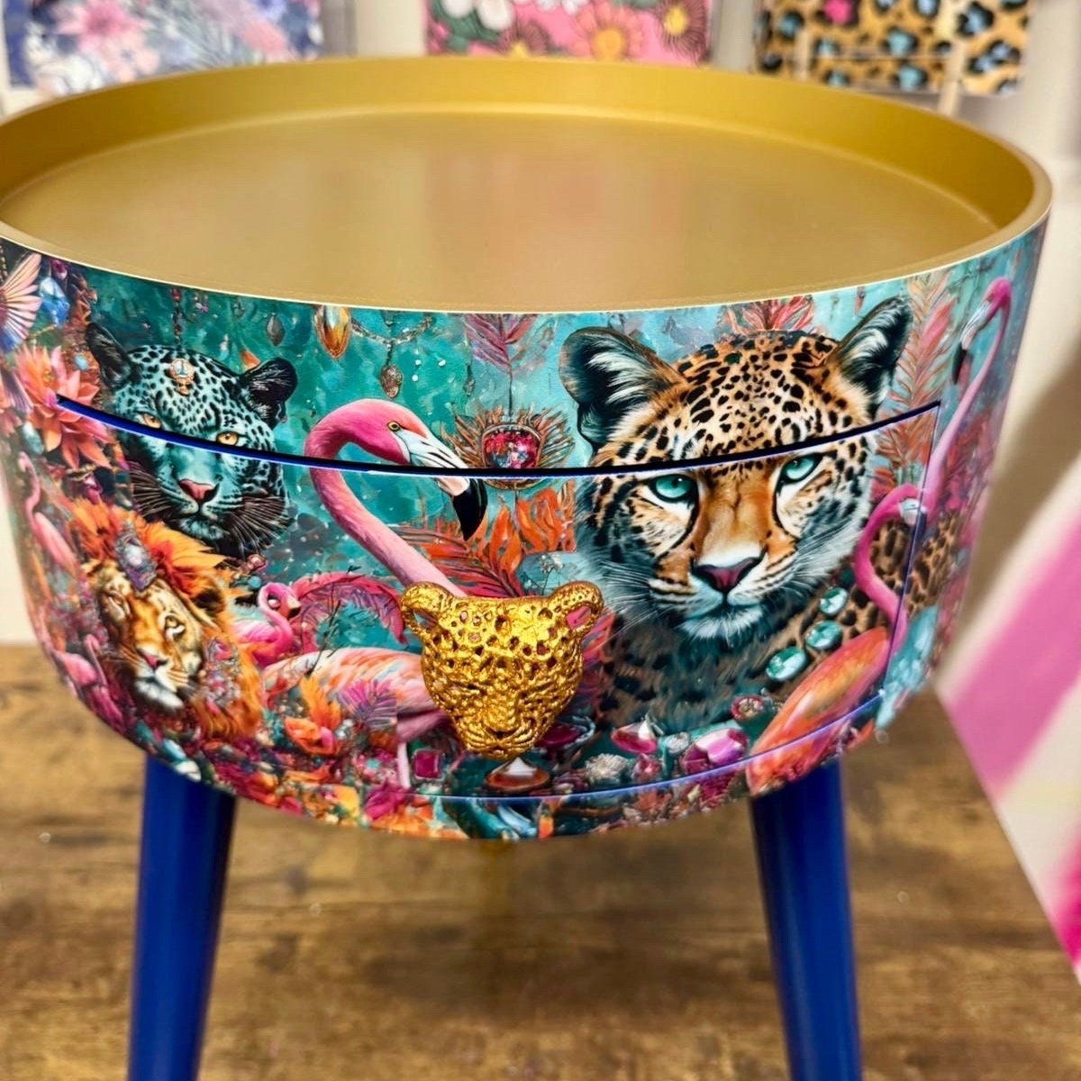 Jewel Leopard - Gold and Navy,  flamingo bedside table, teal pink and blue jewel design nightstand, cheetah design with cobalt blue legs , gold  end table
