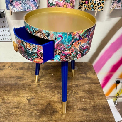 Jewel Leopard - Gold and Navy,  flamingo bedside table, teal pink and blue jewel design nightstand, cheetah design with cobalt blue legs , gold  end table