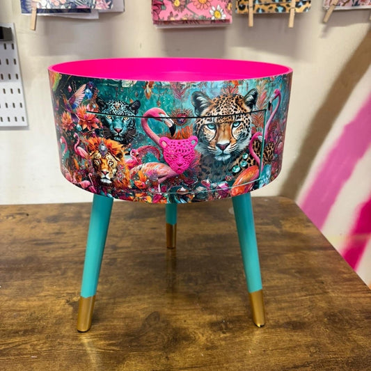 Jewel Leopard - Hot pink and mint bedside table, pink and mint leopard and flamingo design. Wooden cheetah side table with drawer. Quirky Nightstand  bedroom