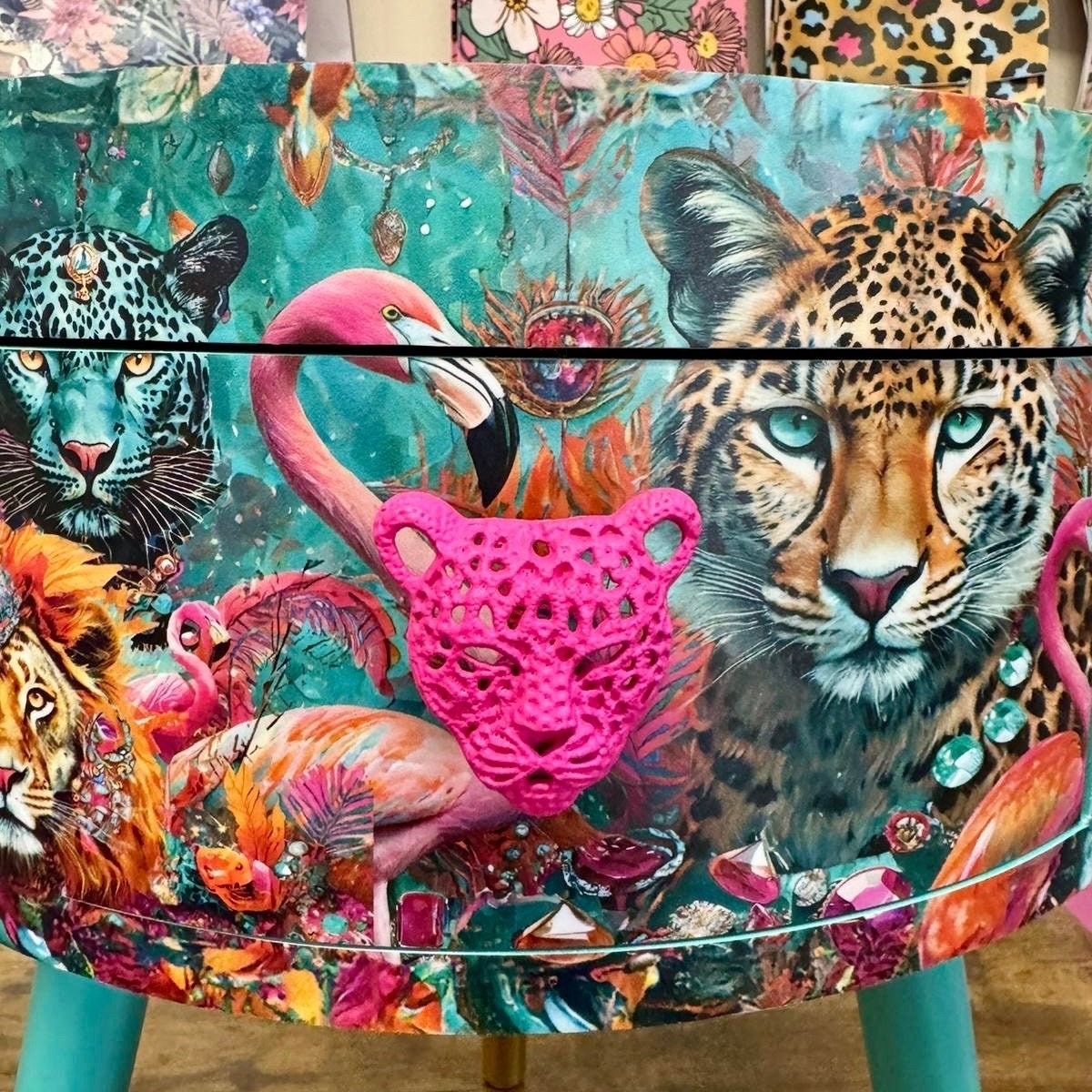 Jewel Leopard - Hot pink and mint bedside table, pink and mint leopard and flamingo design. Wooden cheetah side table with drawer. Quirky Nightstand  bedroom