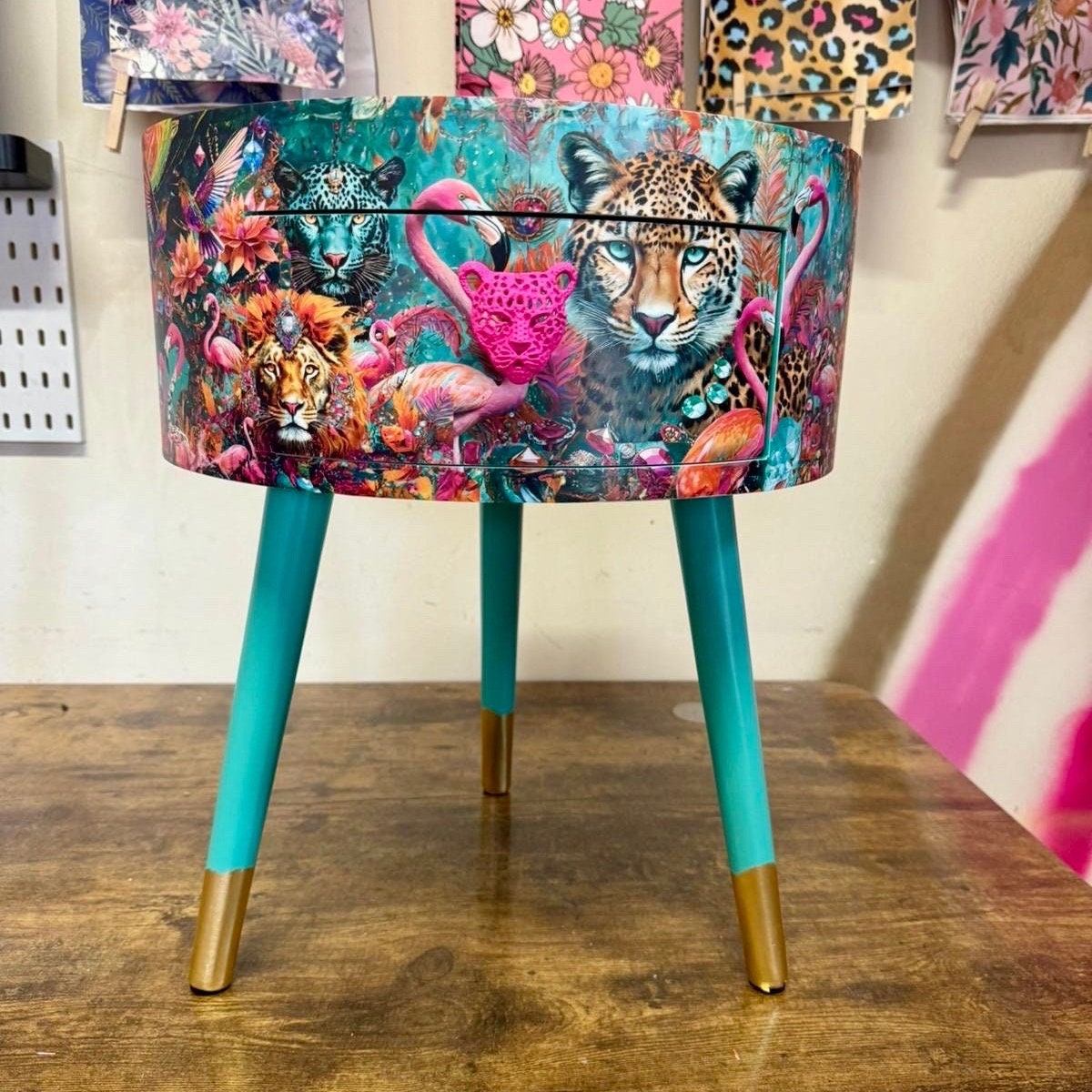 Jewel Leopard - Hot pink and mint bedside table, pink and mint leopard and flamingo design. Wooden cheetah side table with drawer. Quirky Nightstand  bedroom