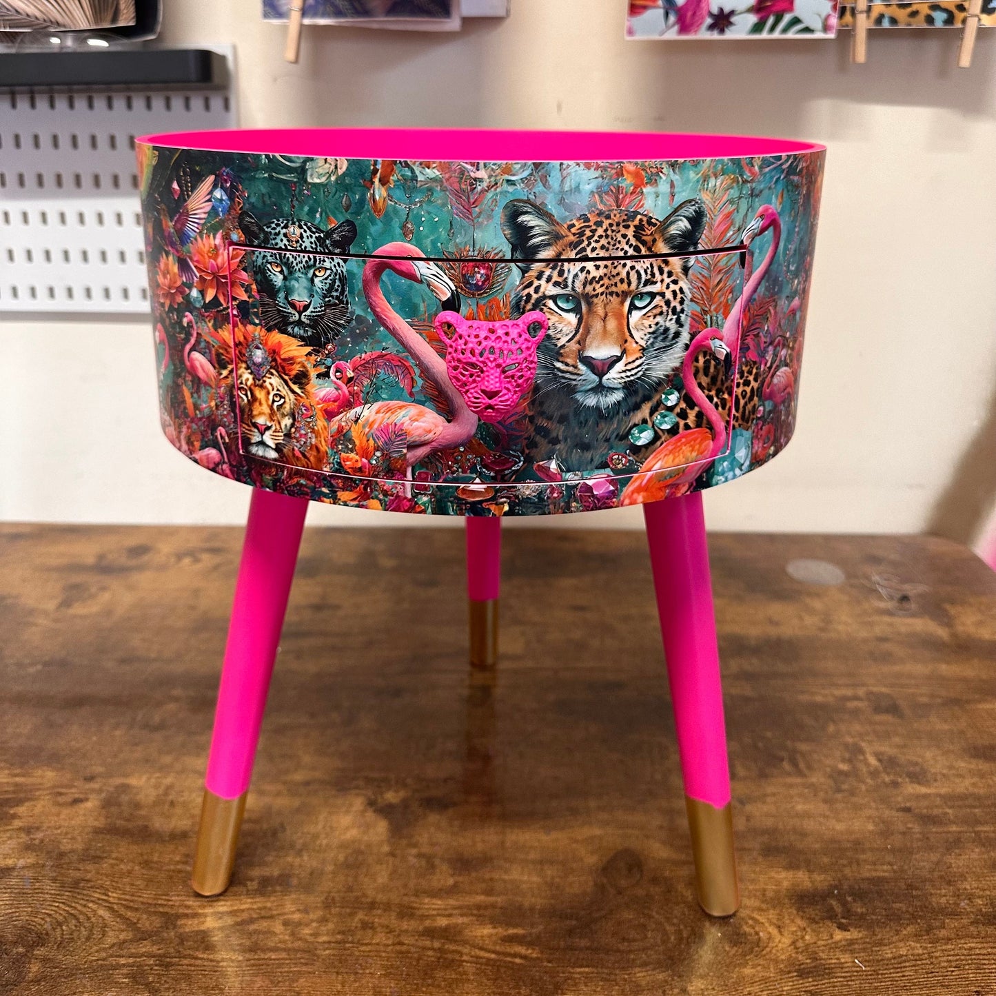 Jewel Leopard - Hot Pink flamingo and leopard beside table, teal cheetah jewel design nightstand with gold , colourful home decor round end table