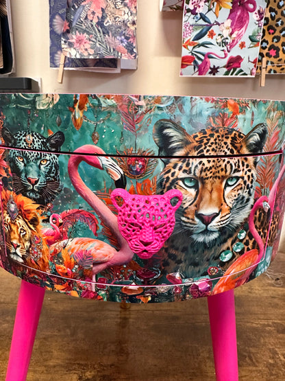 Jewel Leopard - Hot Pink flamingo and leopard beside table, teal cheetah jewel design nightstand with gold , colourful home decor round end table