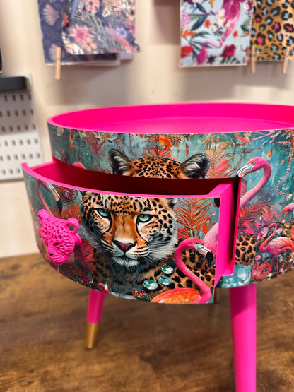 Jewel Leopard - Hot Pink flamingo and leopard beside table, teal cheetah jewel design nightstand with gold , colourful home decor round end table