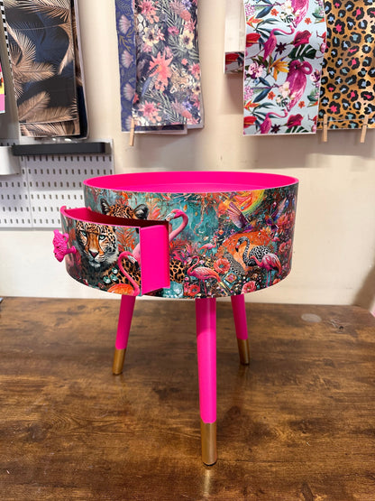 Jewel Leopard - Hot Pink flamingo and leopard beside table, teal cheetah jewel design nightstand with gold , colourful home decor round end table