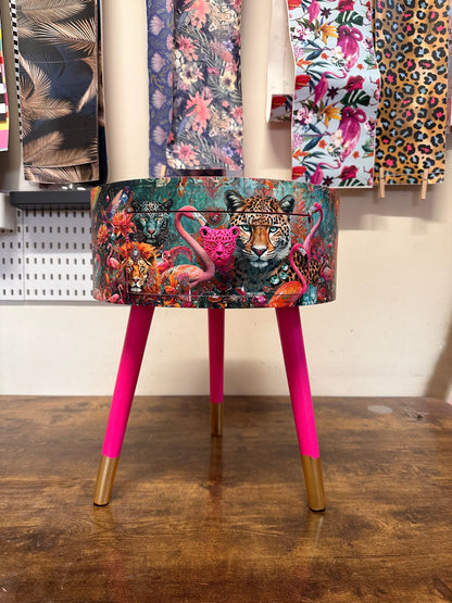 Jewel Leopard - Hot Pink flamingo and leopard beside table, teal cheetah jewel design nightstand with gold , colourful home decor round end table