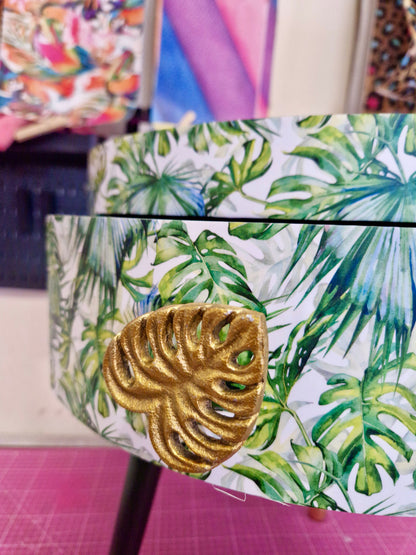 Botanical - green bedside table, leaf and plant nightstand. Gold cheese leaf accent table . Fun home decor, colorful round table