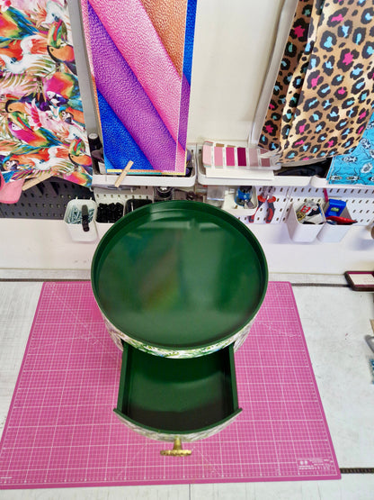 Botanical - green bedside table, leaf and plant nightstand. Gold cheese leaf accent table . Fun home decor, colorful round table