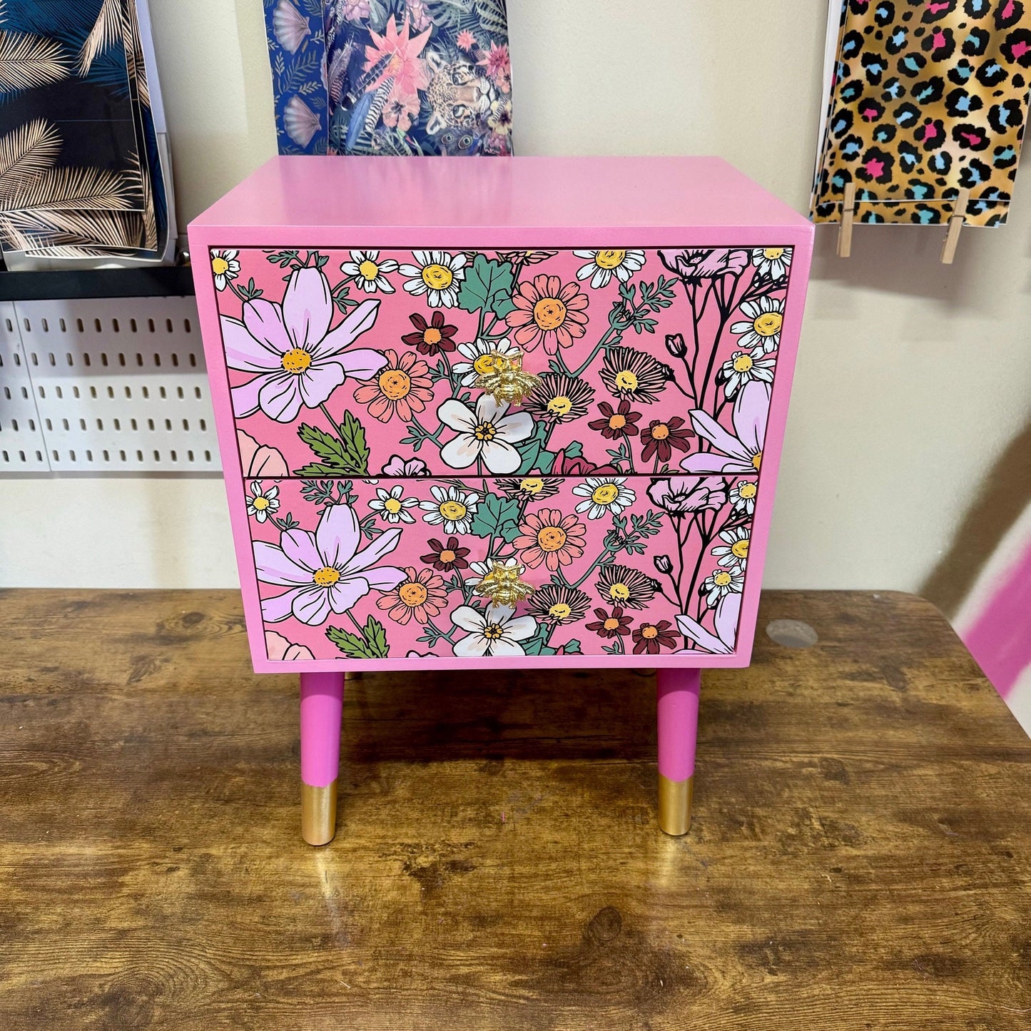 Pink floral square bedside table, two drawers, ideal nightstand. Wildflowers and bees nightstand.  Baby pink with gold. Customisable
