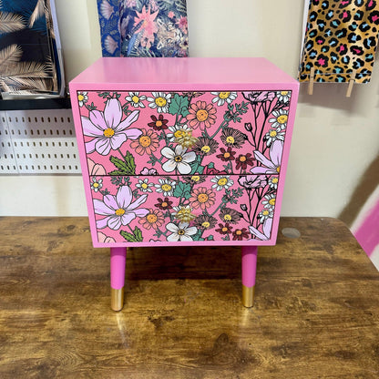 Pink floral square bedside table, two drawers, ideal nightstand. Wildflowers and bees nightstand.  Baby pink with gold. Customisable