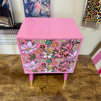 Pink floral square bedside table, two drawers, ideal nightstand. Wildflowers and bees nightstand.  Baby pink with gold. Customisable