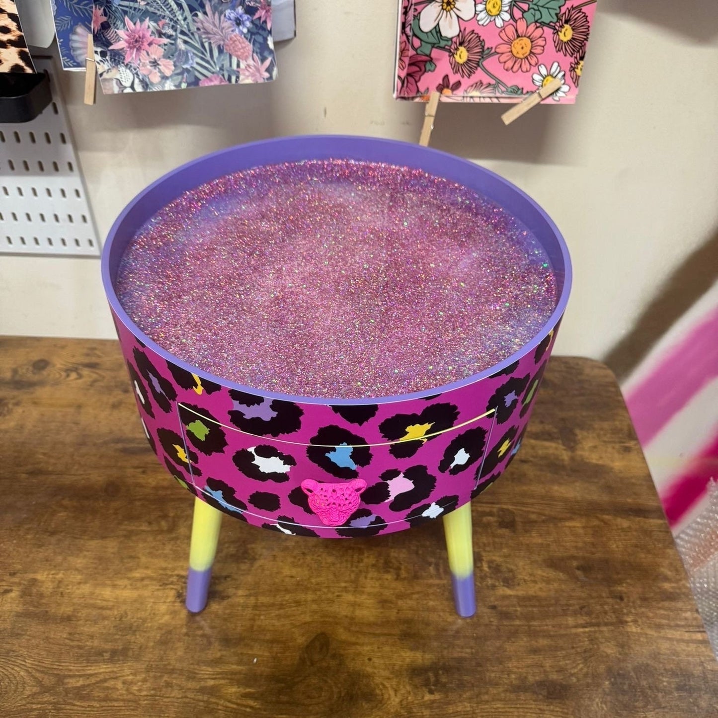 Leopard Colourful Print - Hot Pink and Glitter round bedside table. Fun Bright Home Decor . Ideal for Nightstand side table. Cheetah Print with glitter, yellow and purple