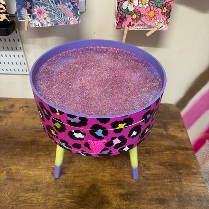 Leopard Colourful Print - Hot Pink and Glitter round bedside table. Fun Bright Home Decor . Ideal for Nightstand side table. Cheetah Print with glitter, yellow and purple