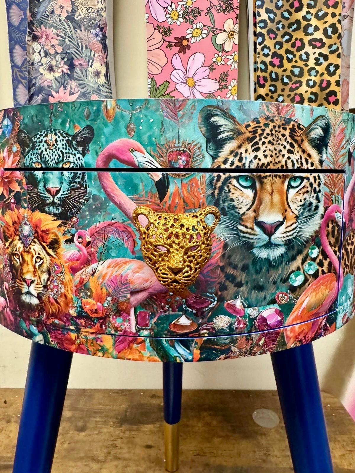 Jewel Leopard - Gold and Navy,  flamingo bedside table, teal pink and blue jewel design nightstand, cheetah design with cobalt blue legs , gold  end table