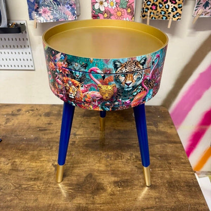 Jewel Leopard - Gold and Navy,  flamingo bedside table, teal pink and blue jewel design nightstand, cheetah design with cobalt blue legs , gold  end table