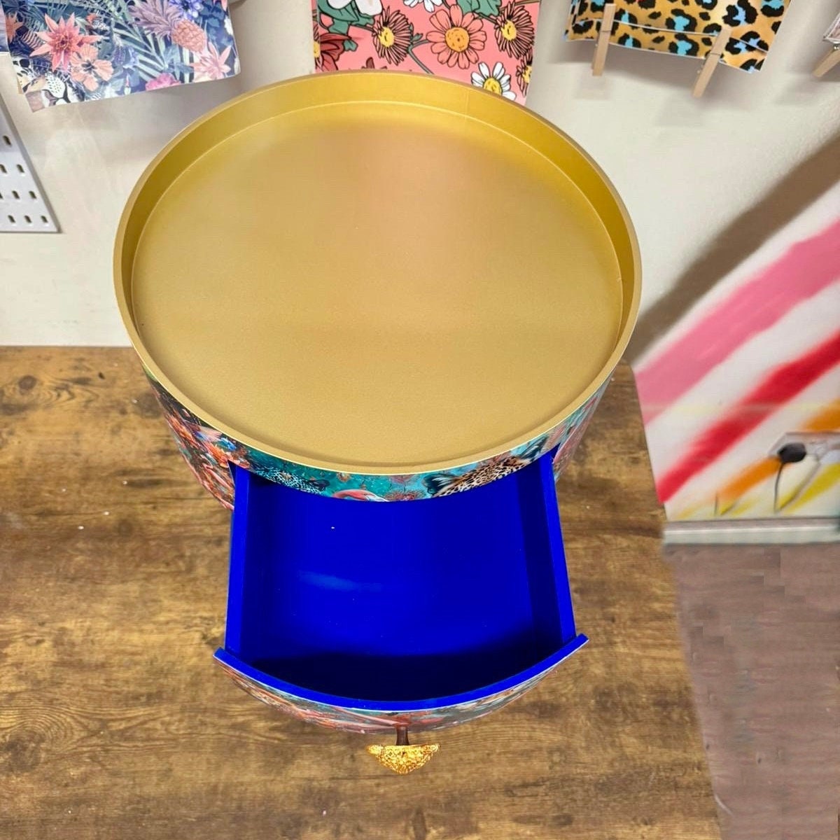 Jewel Leopard - Gold and Navy,  flamingo bedside table, teal pink and blue jewel design nightstand, cheetah design with cobalt blue legs , gold  end table