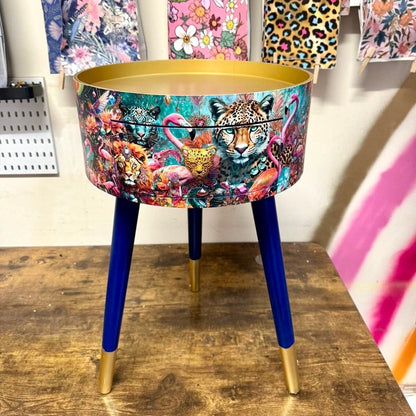 Jewel Leopard - Gold and Navy,  flamingo bedside table, teal pink and blue jewel design nightstand, cheetah design with cobalt blue legs , gold  end table