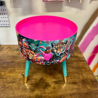 Jewel Leopard - Hot pink and mint bedside table, pink and mint leopard and flamingo design. Wooden cheetah side table with drawer. Quirky Nightstand  bedroom