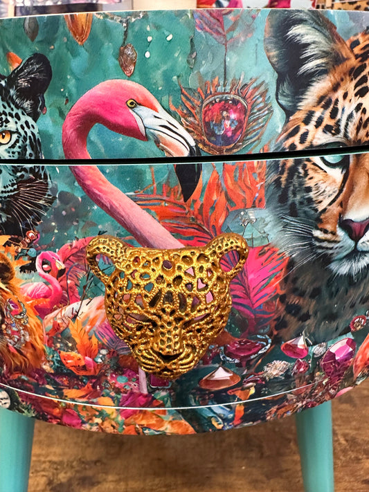 Jewel Leopard - Gold and Mint flamingo bedside table, teal mint and gold jewel design nightstand, cheetah design with  mint legs , gold end table