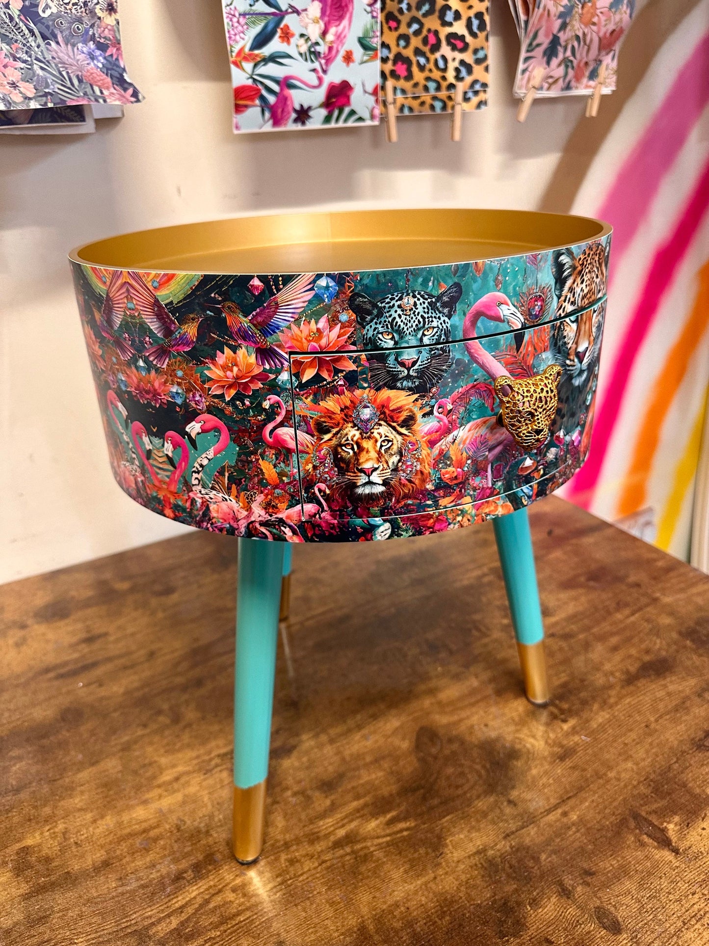 Jewel Leopard - Gold and Mint flamingo bedside table, teal mint and gold jewel design nightstand, cheetah design with  mint legs , gold end table