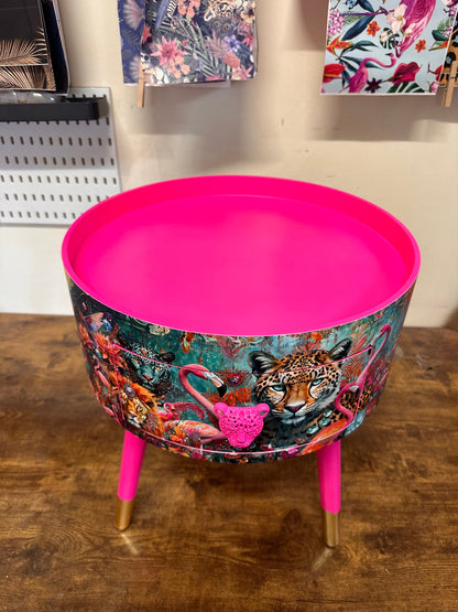 Jewel Leopard - Hot Pink flamingo and leopard beside table, teal cheetah jewel design nightstand with gold , colourful home decor round end table