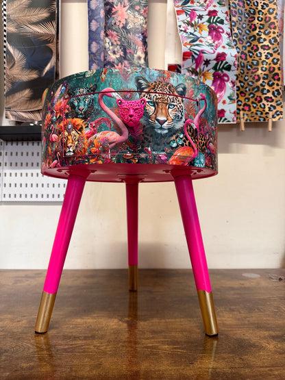 Jewel Leopard - Hot Pink flamingo and leopard beside table, teal cheetah jewel design nightstand with gold , colourful home decor round end table