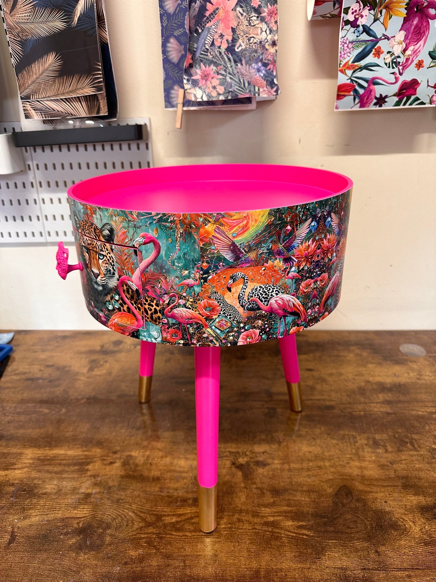 Jewel Leopard - Hot Pink flamingo and leopard beside table, teal cheetah jewel design nightstand with gold , colourful home decor round end table