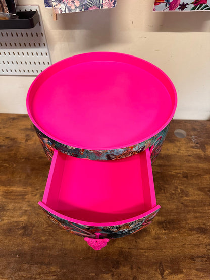 Jewel Leopard - Hot Pink flamingo and leopard beside table, teal cheetah jewel design nightstand with gold , colourful home decor round end table