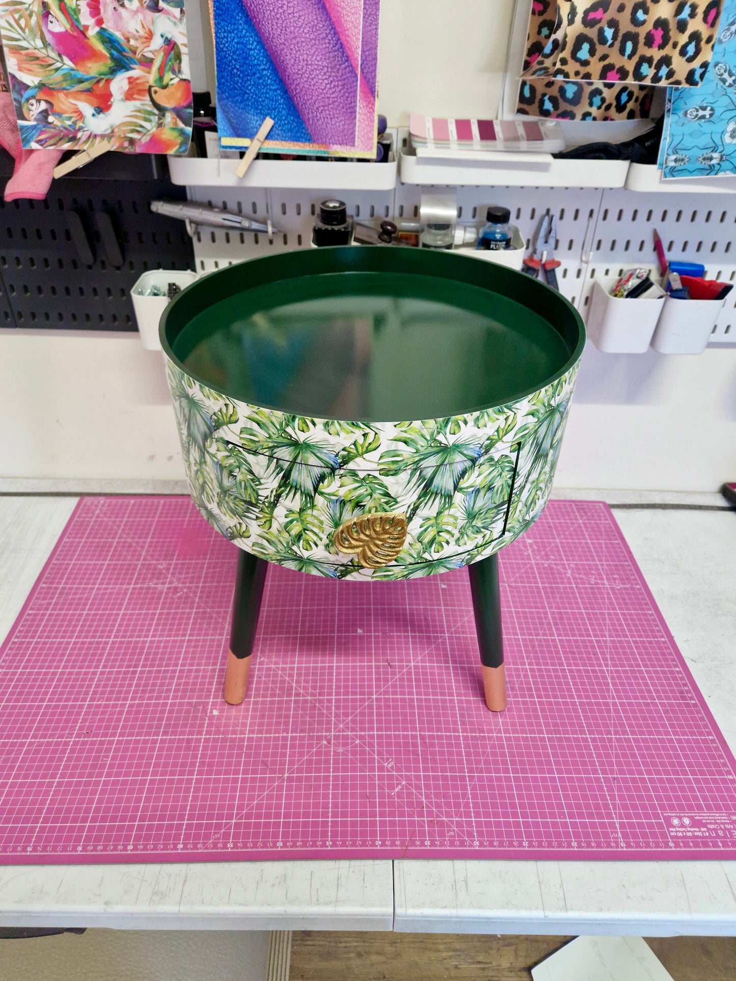 Botanical - green bedside table, leaf and plant nightstand. Gold cheese leaf accent table . Fun home decor, colorful round table