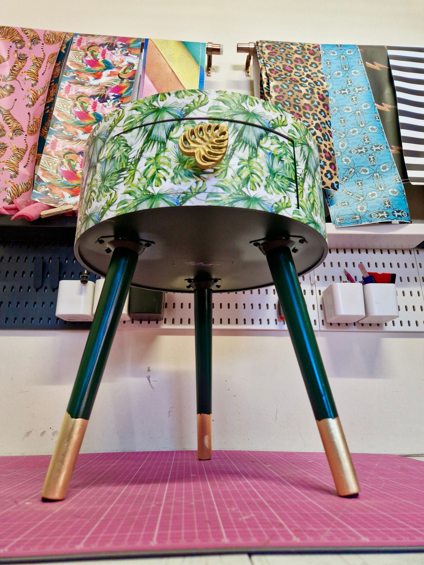 Botanical - green bedside table, leaf and plant nightstand. Gold cheese leaf accent table . Fun home decor, colorful round table