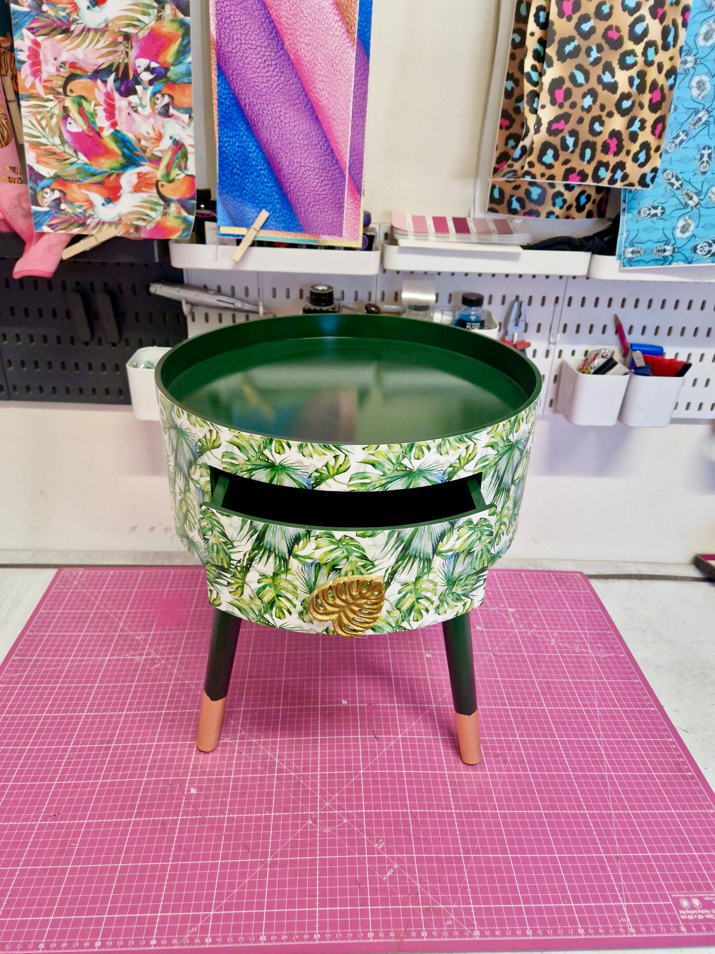 Botanical - green bedside table, leaf and plant nightstand. Gold cheese leaf accent table . Fun home decor, colorful round table