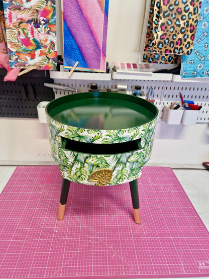 Botanical - green bedside table, leaf and plant nightstand. Gold cheese leaf accent table . Fun home decor, colorful round table