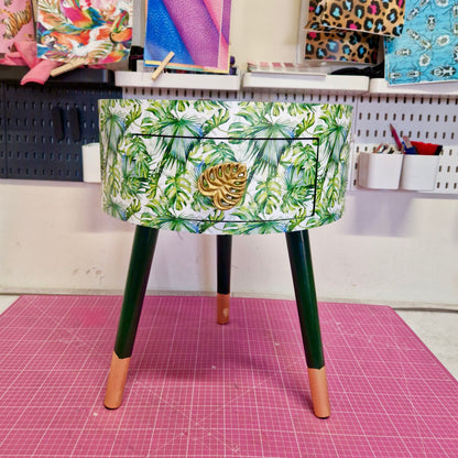 Botanical - green bedside table, leaf and plant nightstand. Gold cheese leaf accent table . Fun home decor, colorful round table