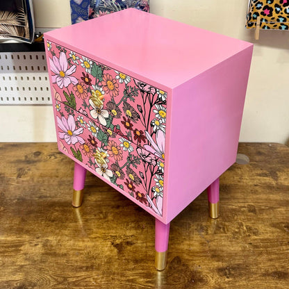 Pink floral square bedside table, two drawers, ideal nightstand. Wildflowers and bees nightstand.  Baby pink with gold. Customisable