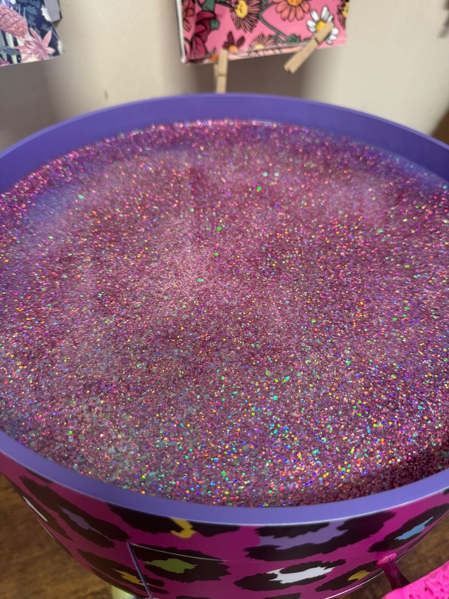 Leopard Colourful Print - Hot Pink and Glitter round bedside table. Fun Bright Home Decor . Ideal for Nightstand side table. Cheetah Print with glitter, yellow and purple