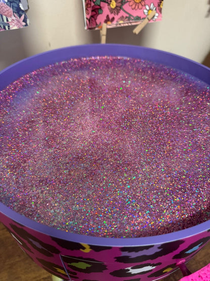 Leopard Colourful Print - Hot Pink and Glitter round bedside table. Fun Bright Home Decor . Ideal for Nightstand side table. Cheetah Print with glitter, yellow and purple