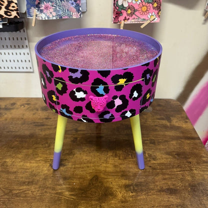 Leopard Colourful Print - Hot Pink and Glitter round bedside table. Fun Bright Home Decor . Ideal for Nightstand side table. Cheetah Print with glitter, yellow and purple