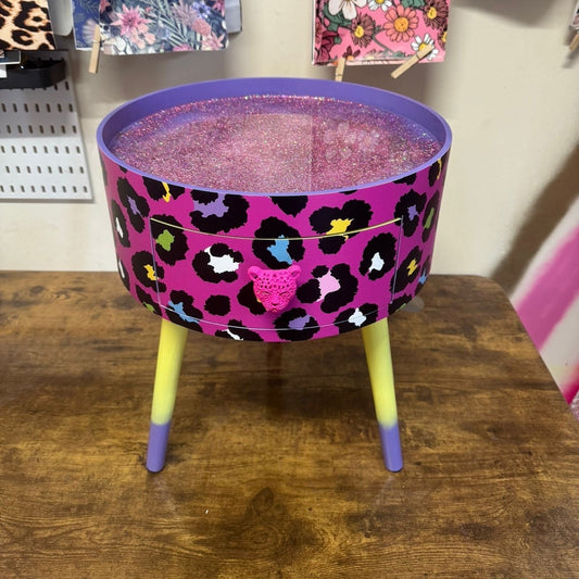 Leopard Colourful Print - Hot Pink and Glitter round bedside table. Fun Bright Home Decor . Ideal for Nightstand side table. Cheetah Print with glitter, yellow and purple