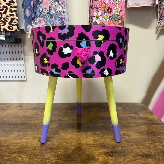 Leopard Colourful Print - Hot Pink and Glitter round bedside table. Fun Bright Home Decor . Ideal for Nightstand side table. Cheetah Print with glitter, yellow and purple