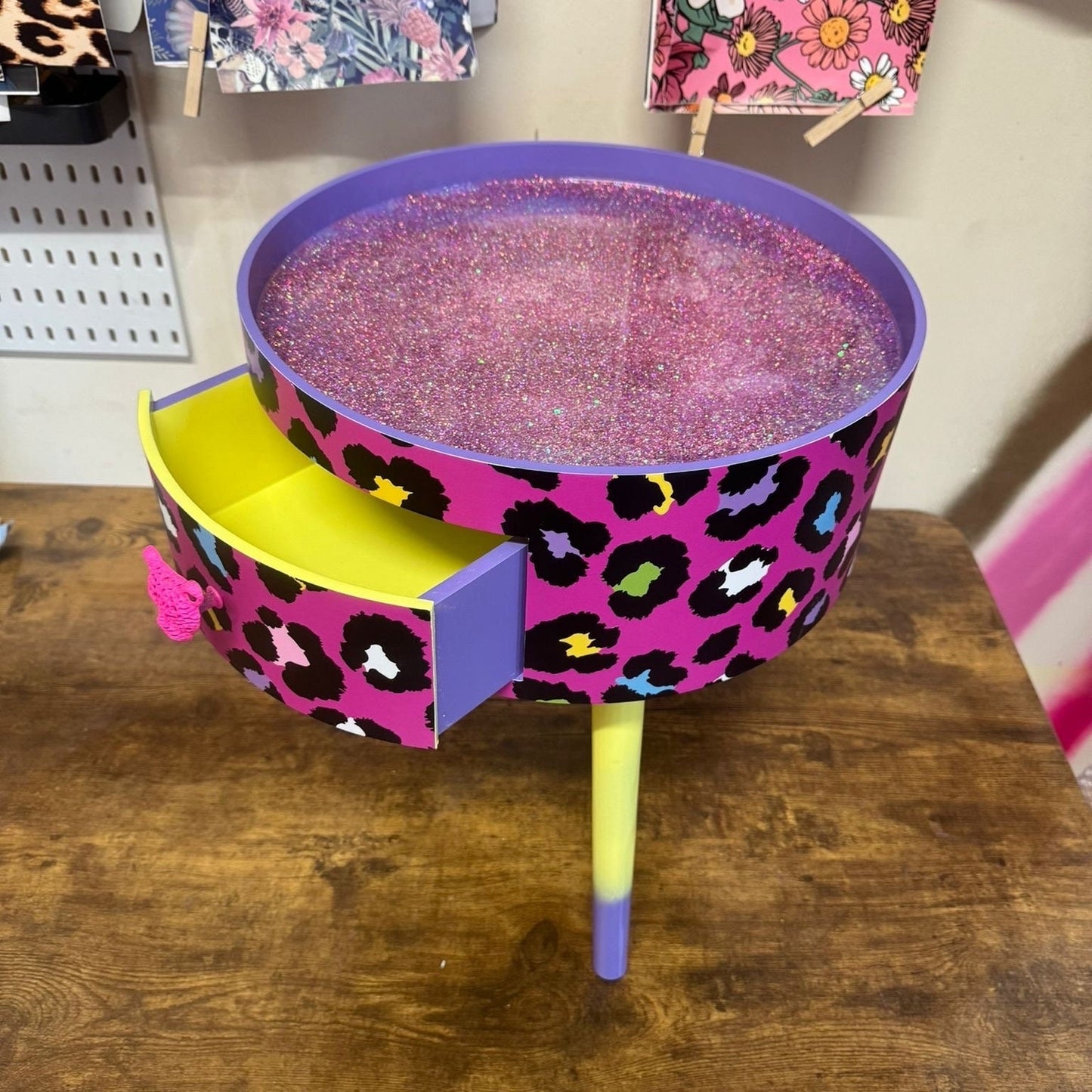Leopard Colourful Print - Hot Pink and Glitter round bedside table. Fun Bright Home Decor . Ideal for Nightstand side table. Cheetah Print with glitter, yellow and purple